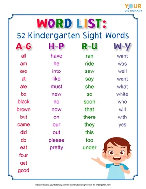 52 kindergarten sight words