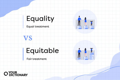 People standing on top of books with Equality vs Equity definitions