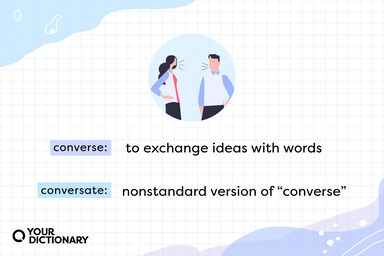 People Talking Icon With Conversate vs Converse Definitions