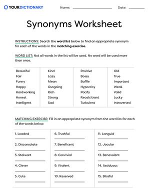 synonym matching worksheet