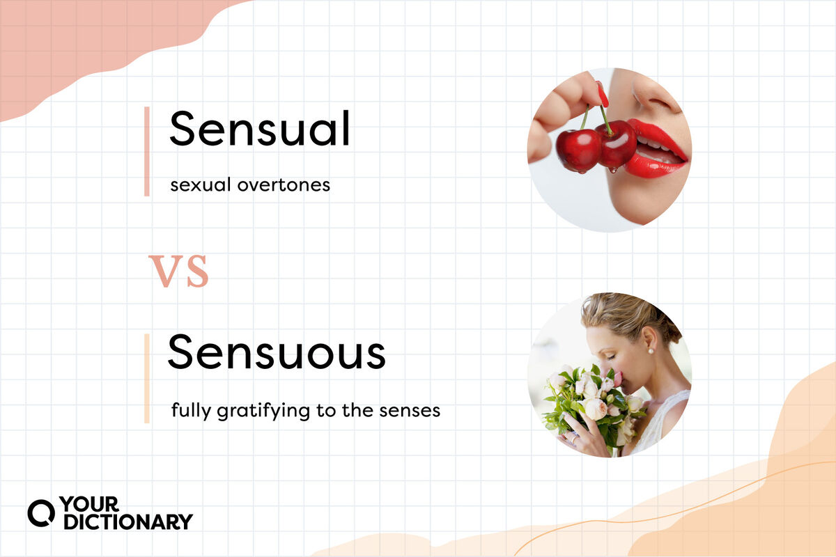 Sensual (Woman With Cherry) versus Sensuous (Bride smelling flowers) With Definitions