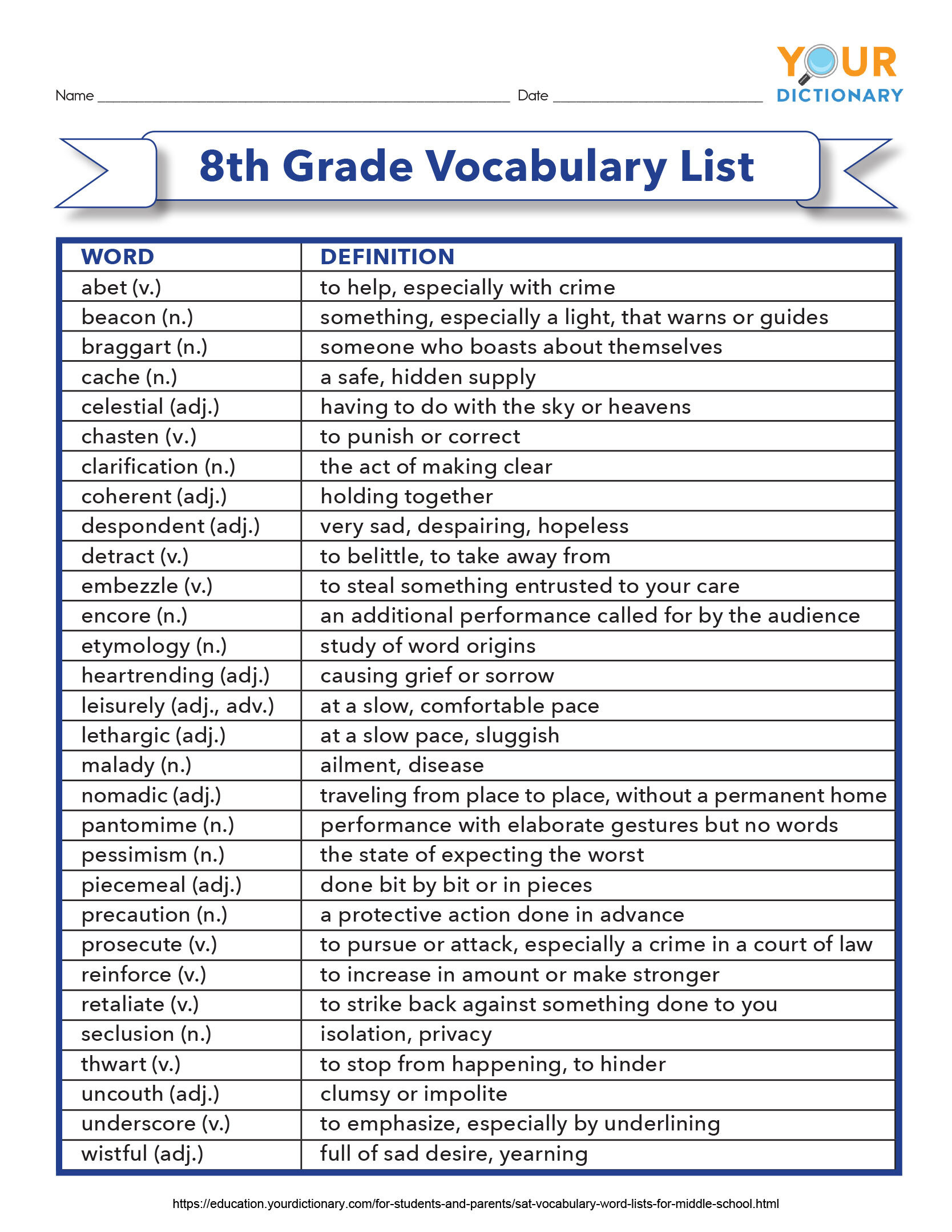 8th grade vocabulary list printable