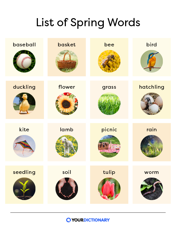 List of spring words for younger children from the article.