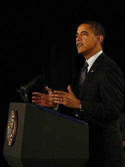 Barack Obama giving a speech as examples of political jargon