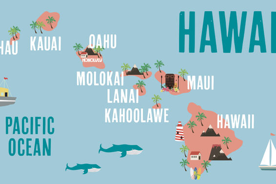 state of Hawaii with islands labeled