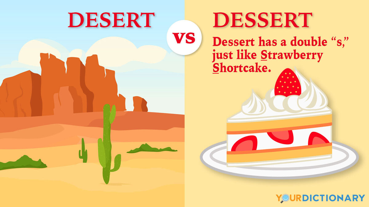 illustration of desert vs. illustration of strawberry shortcake dessert with spelling tip