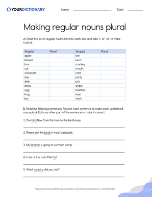 Making regular nouns plural workesheet