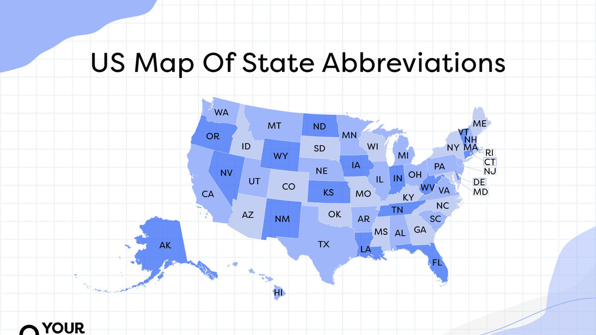 map of united states with postal abbrev