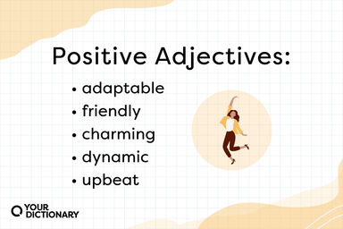 Happy Jumping Woman With List of Five Positive Adjectives
