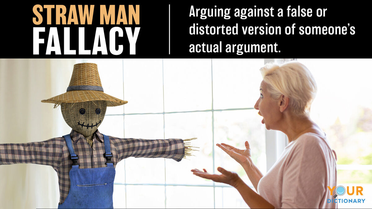 straw man fallacy woman arguing with scarecrow