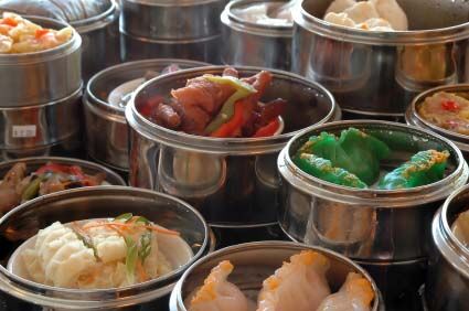 Dim sum and other Chinese dishes at a restaurant