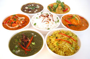 Seven traditional dishes at an Indian restaurant
