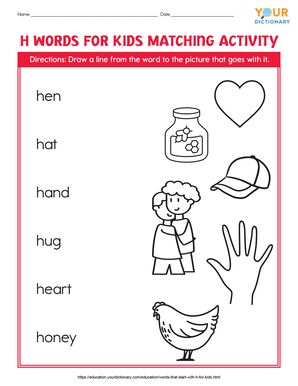 h words for kids matching activity printable