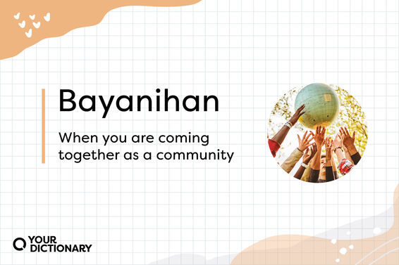 Hands Reaching for Globe With Filipino Word Bayanihan