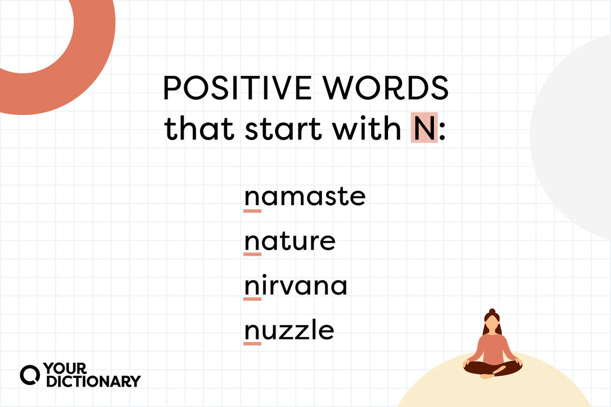 Girl meditating with examples of positive words that start with N