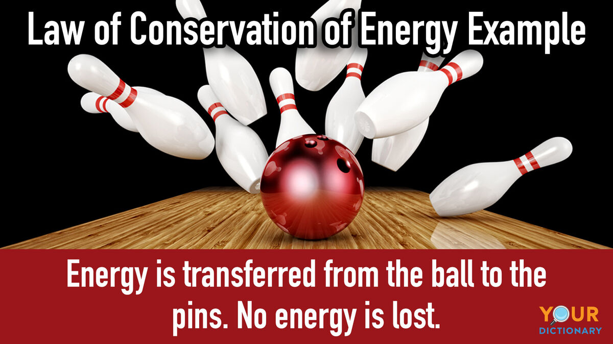 Bowling ball hitting pins as law of conservation of energy examples