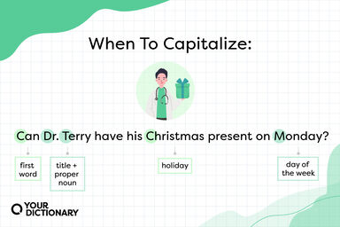 example sentence "Can Dr. Terry have his Christmas present on Monday?" featuring five capitalization rules