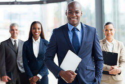 Smiling businessmen as examples of skills