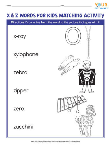 words that start with x y and z for kids