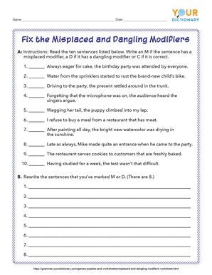 Misplaced and Dangling Modifiers Worksheet | YourDictionary