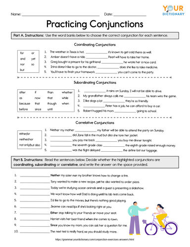 practicing conjunctions printable worksheet