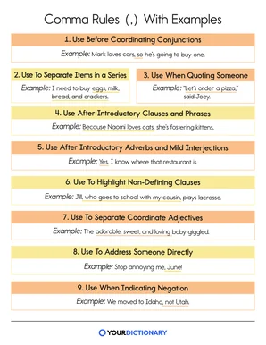 Comma rules with examples printable