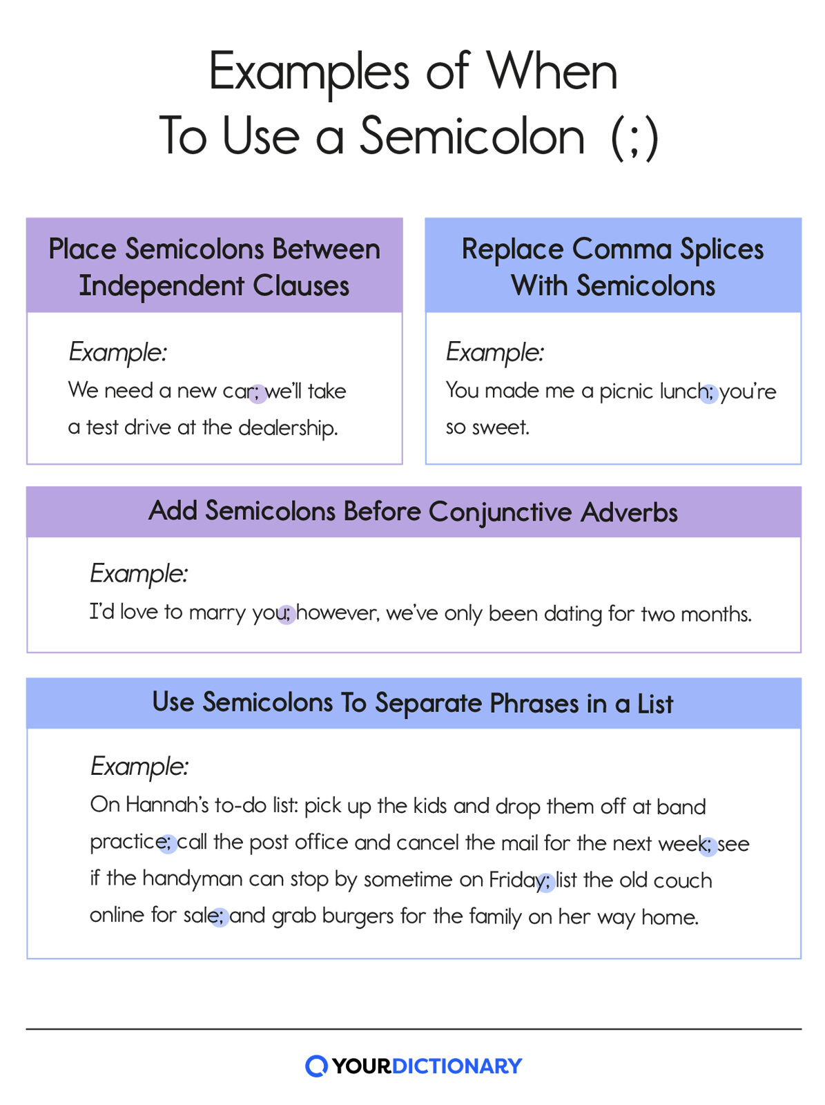 rules for when to use semicolons with examples from the article