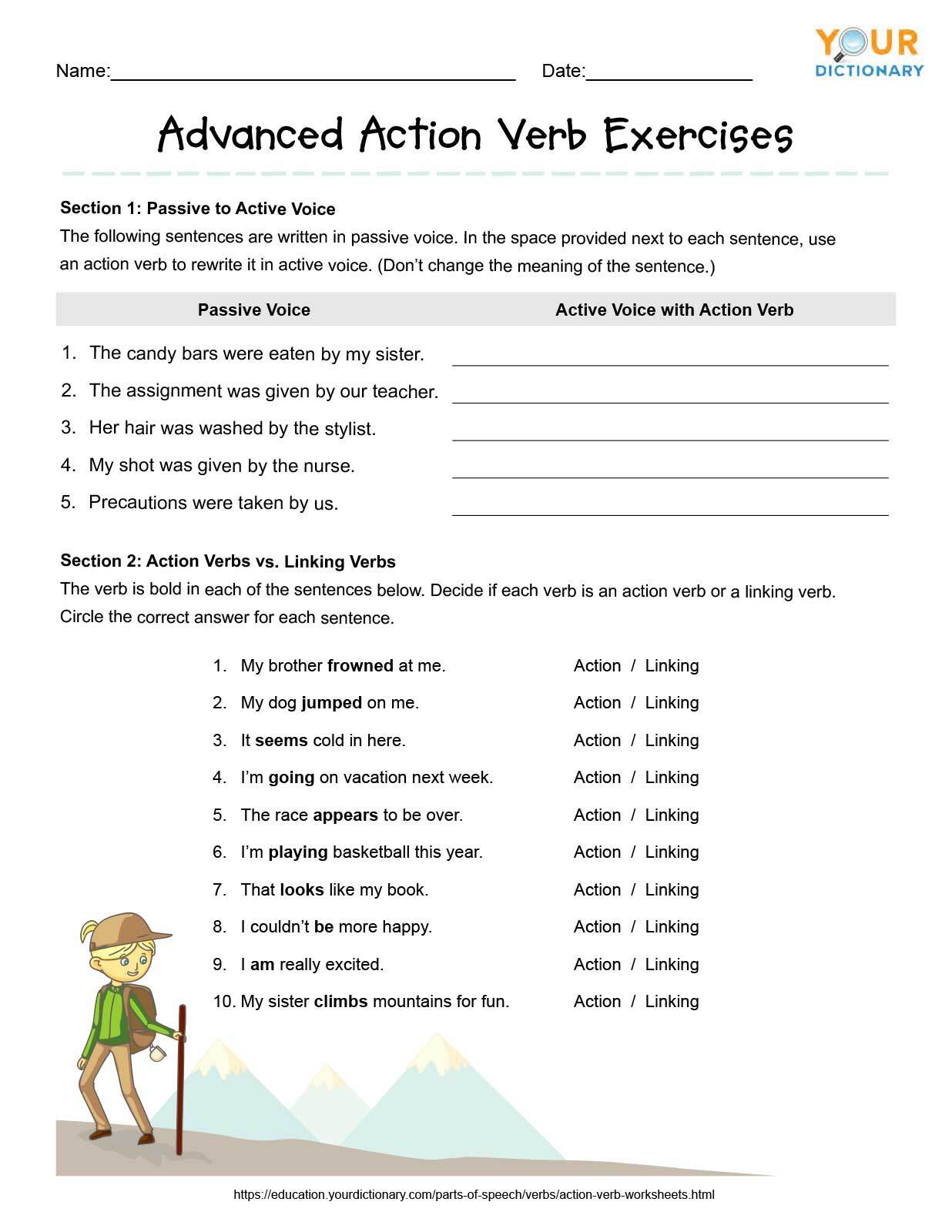 action verb worksheets free printables with answers