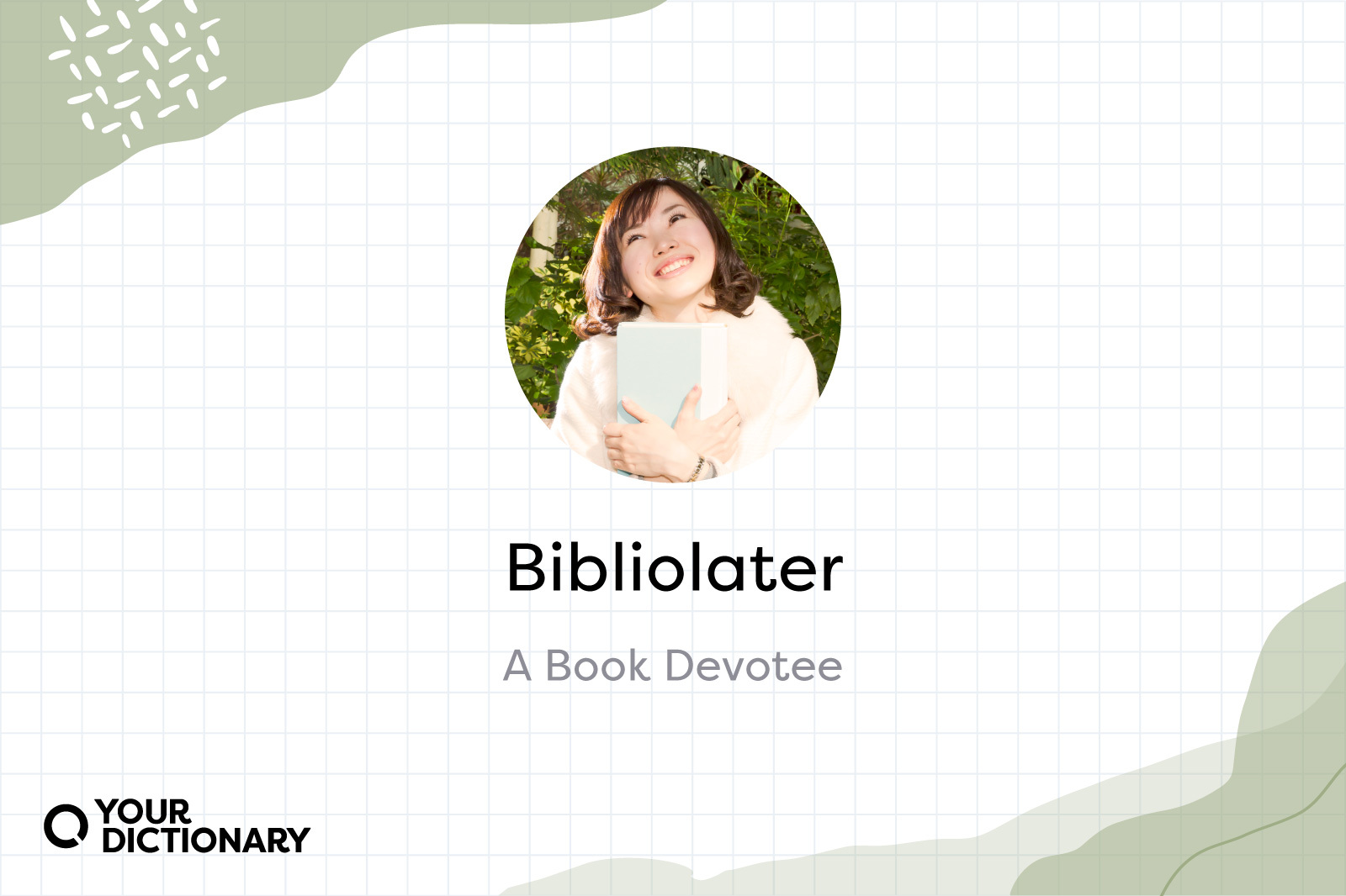 Woman Happily Hugging Book with Bibliolater Definition