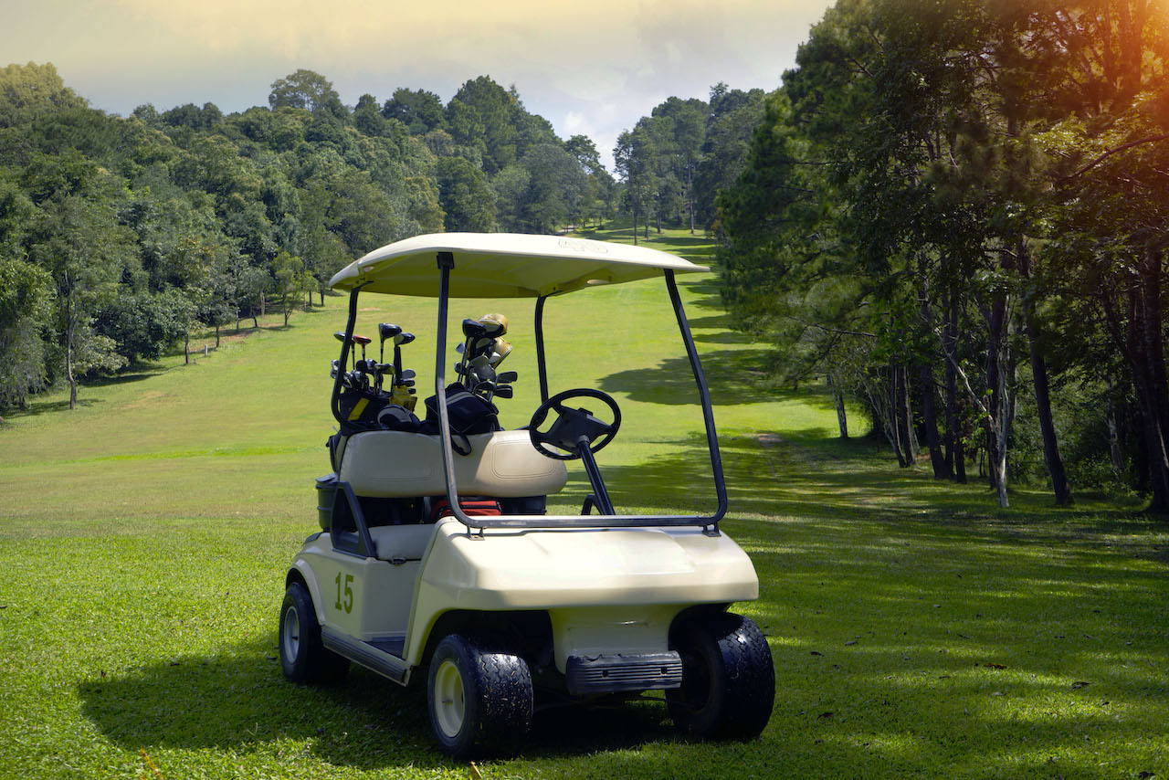 golf cart with clubs parked on course