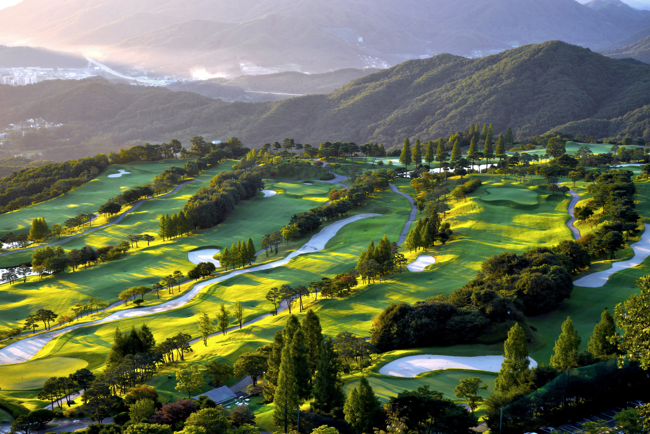 Arial view of a golf pristine golf course Arial view of a golf pristine golf course