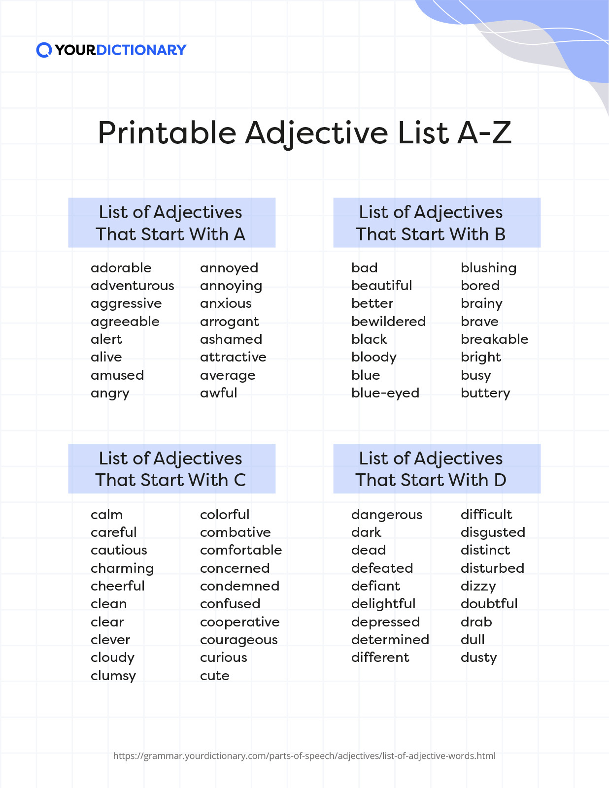 Printable With List Common Adjectives