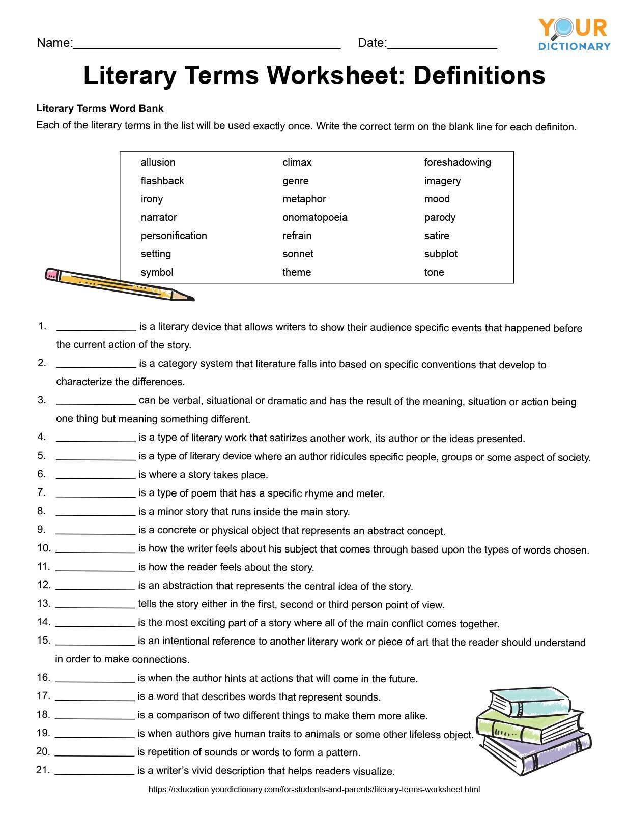 literary terms worksheet definitions
