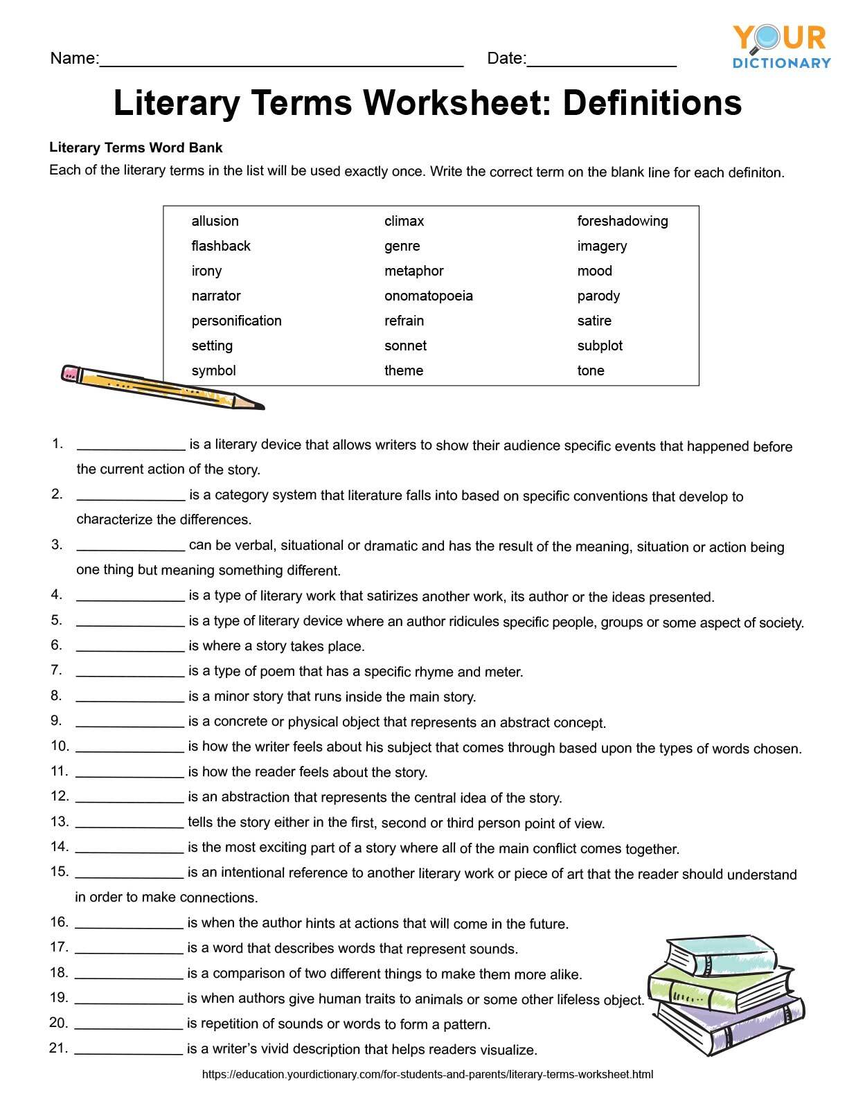 literary terms worksheets for review practice