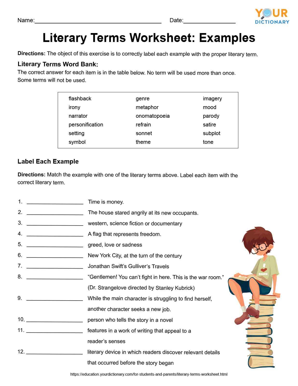 Literary Terms Worksheets for Review & Practice