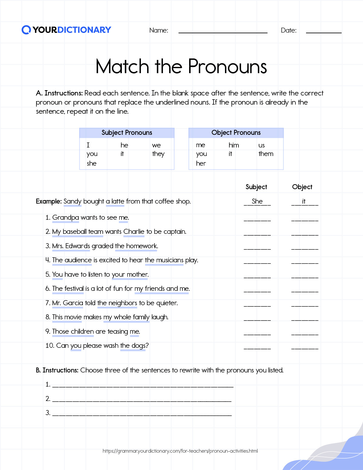 Match Pronouns Worksheet
