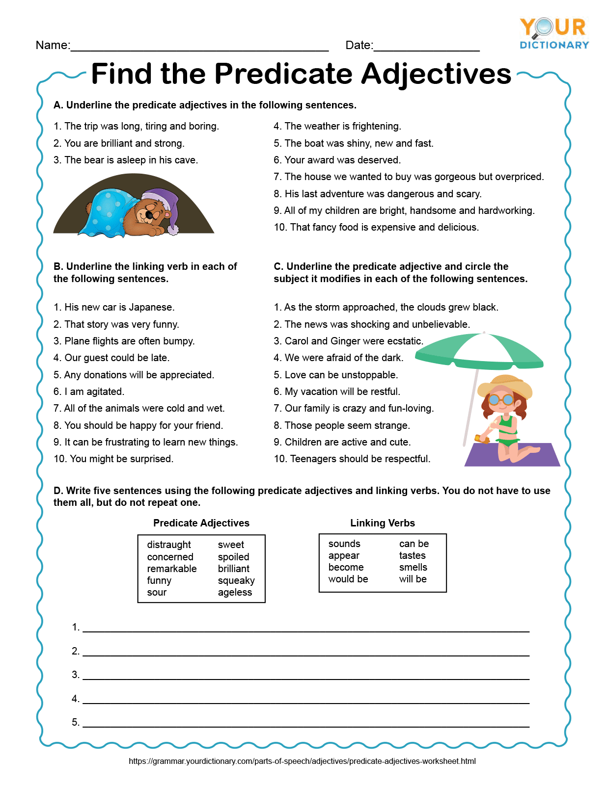 Predicate Nouns And Predicate Adjective Worksheet