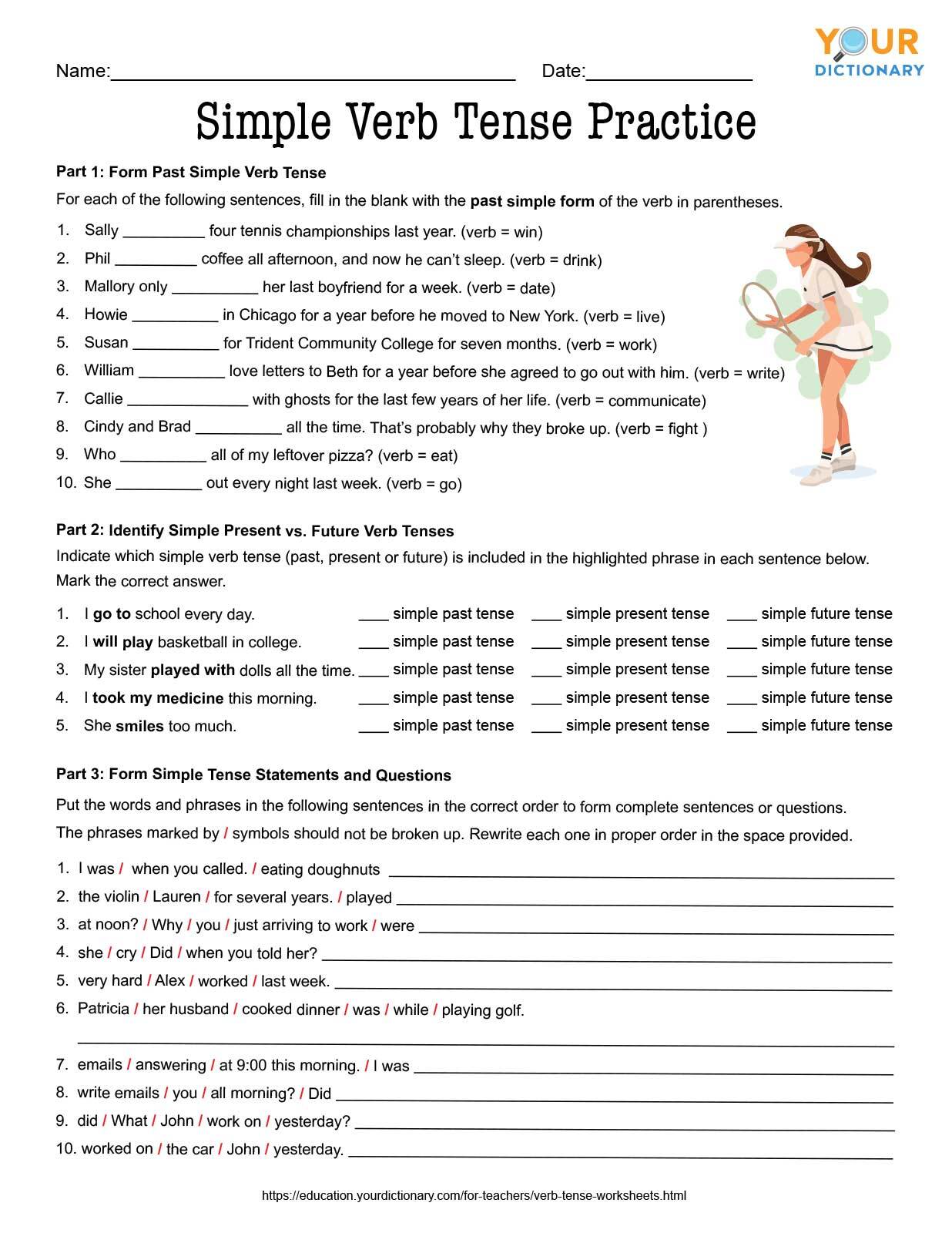 verb tense worksheets for middle and high school