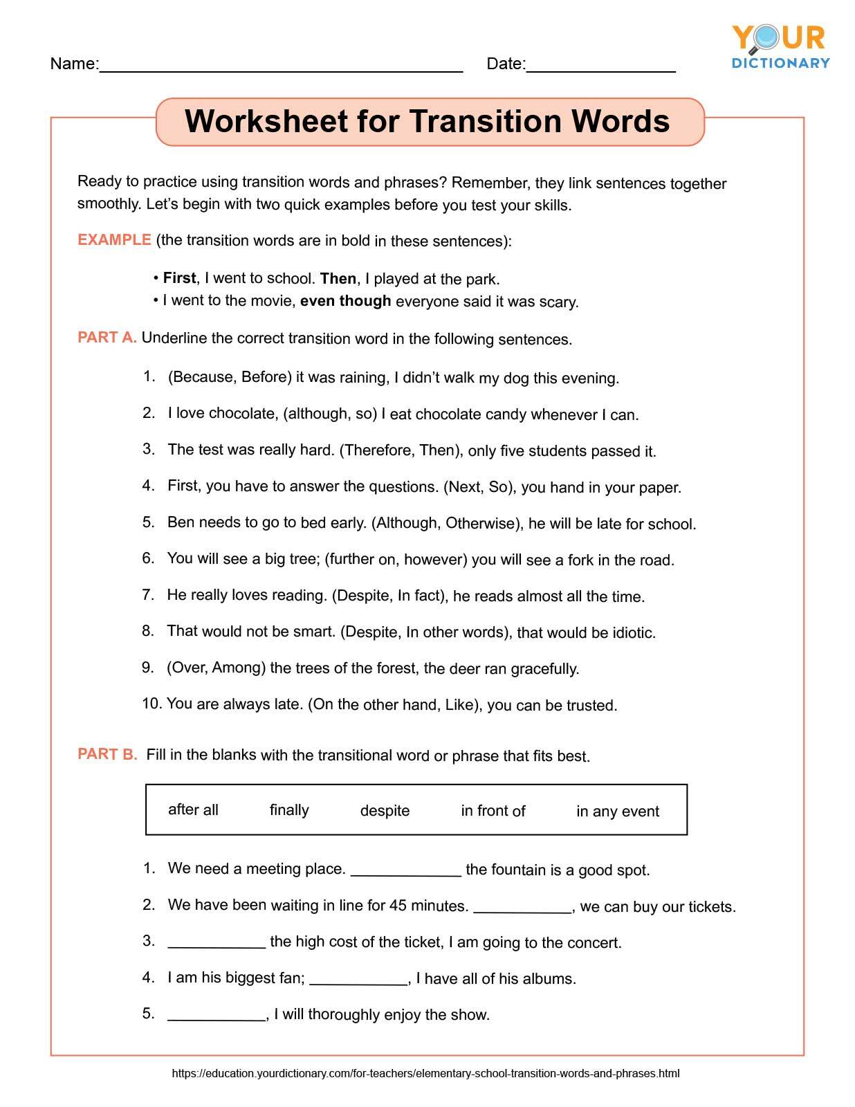 Elementary School Transition Words And Phrases