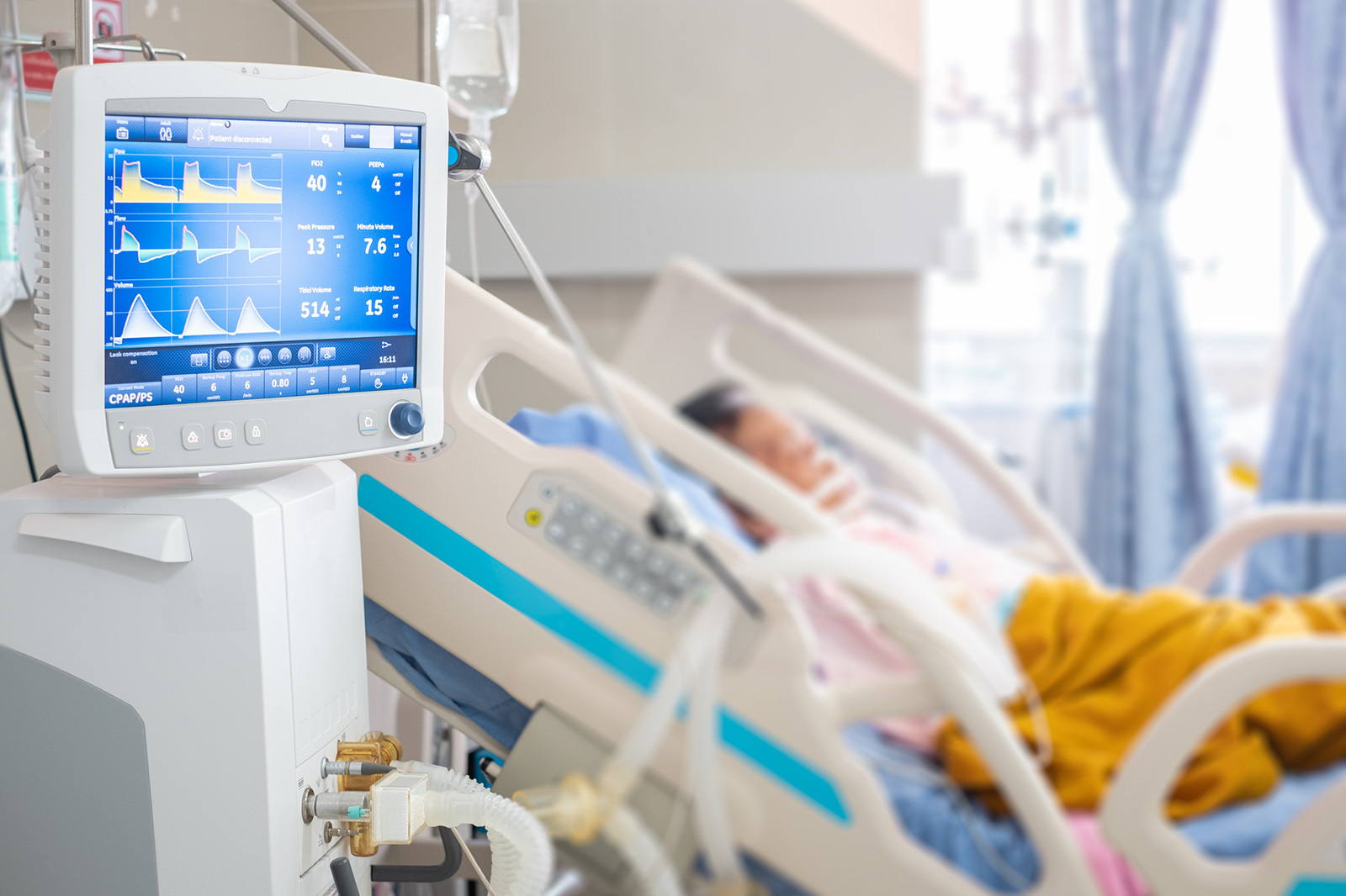 Ventilator monitor given oxygen by intubation tube to patient