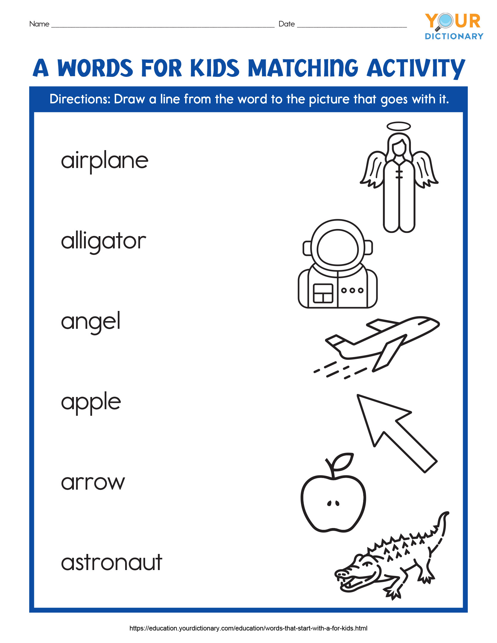 a words for kids matching activity printable