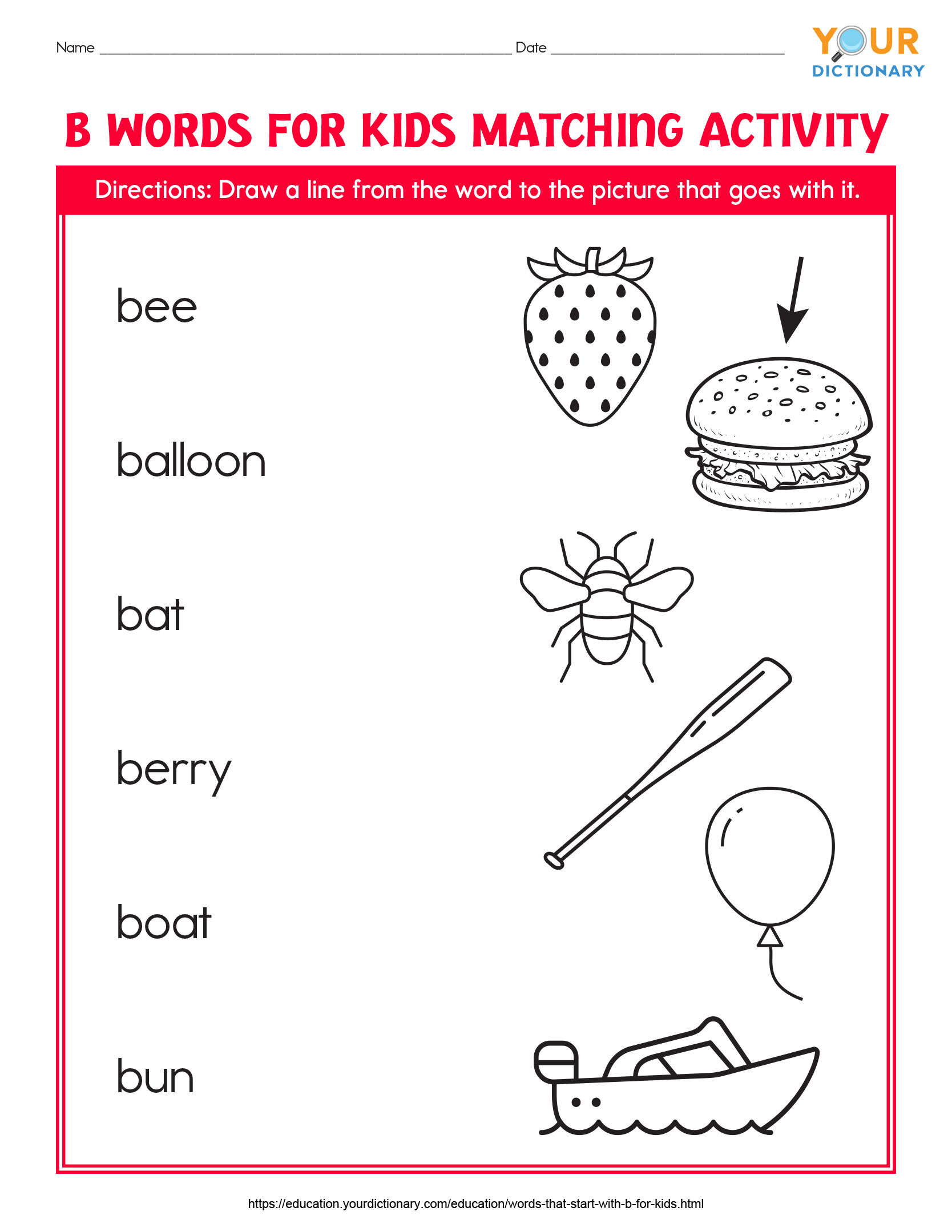 b words for kids matching activity