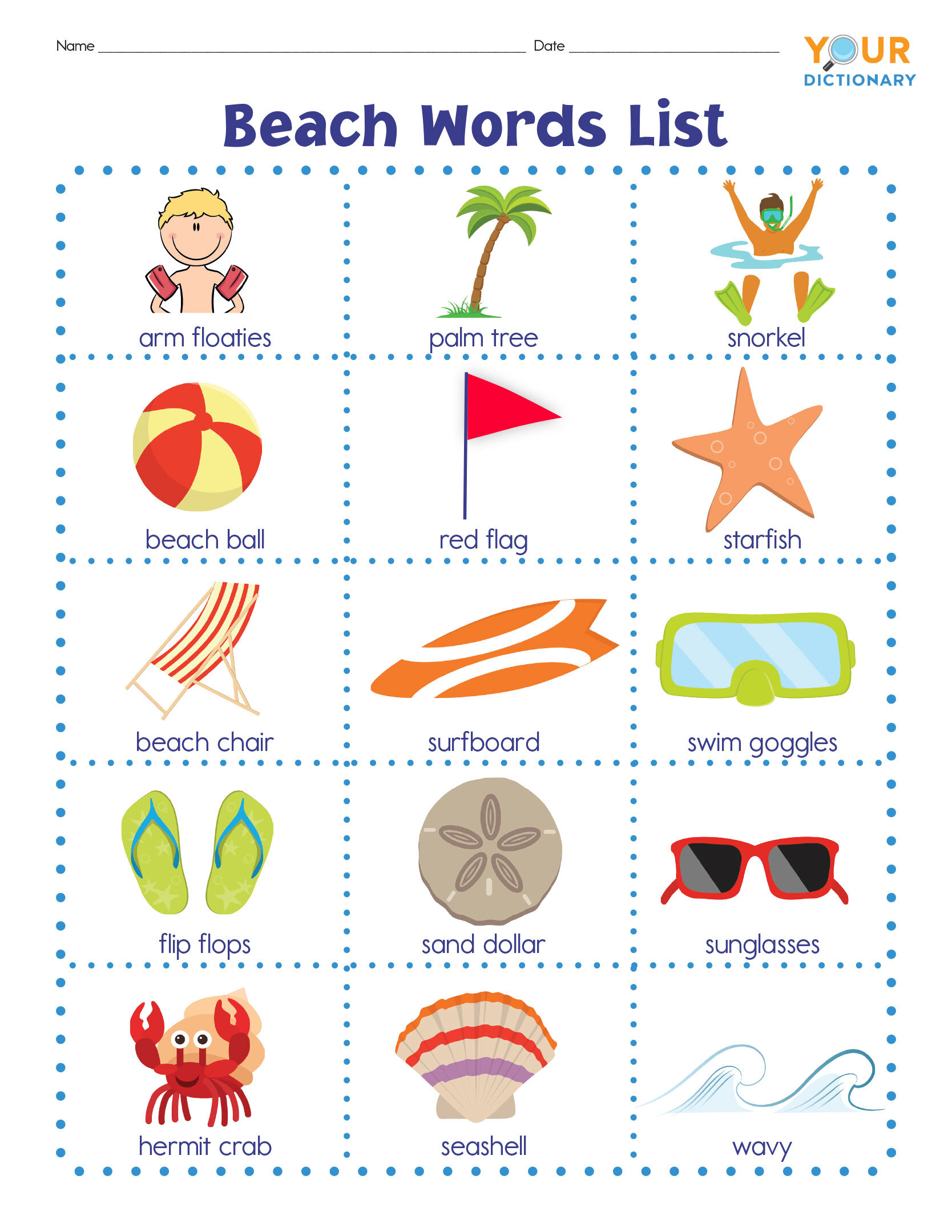 beach words list with pictures