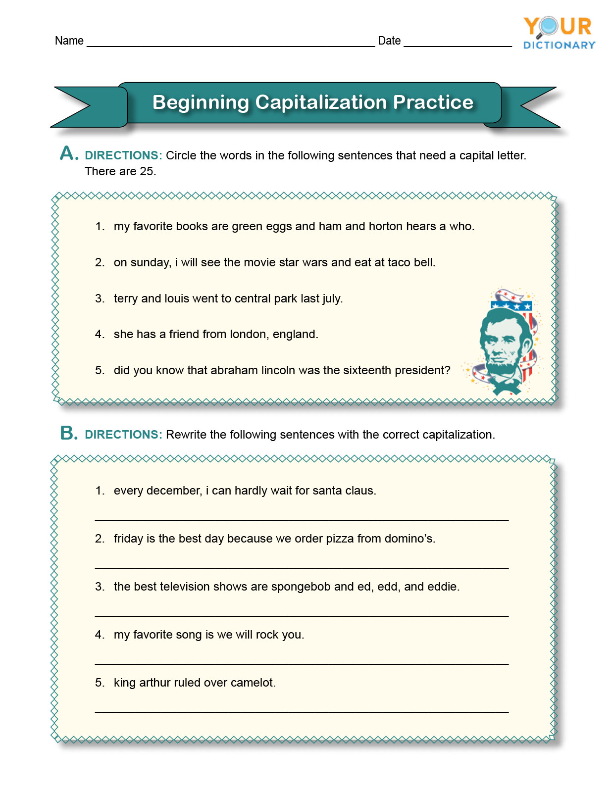 beginning capitalization practice worksheet