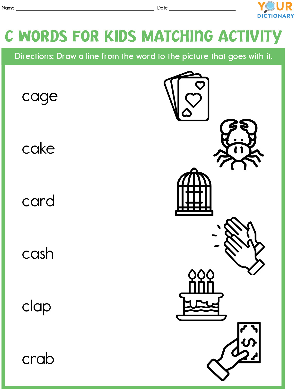 c words for kids matching activity worksheet