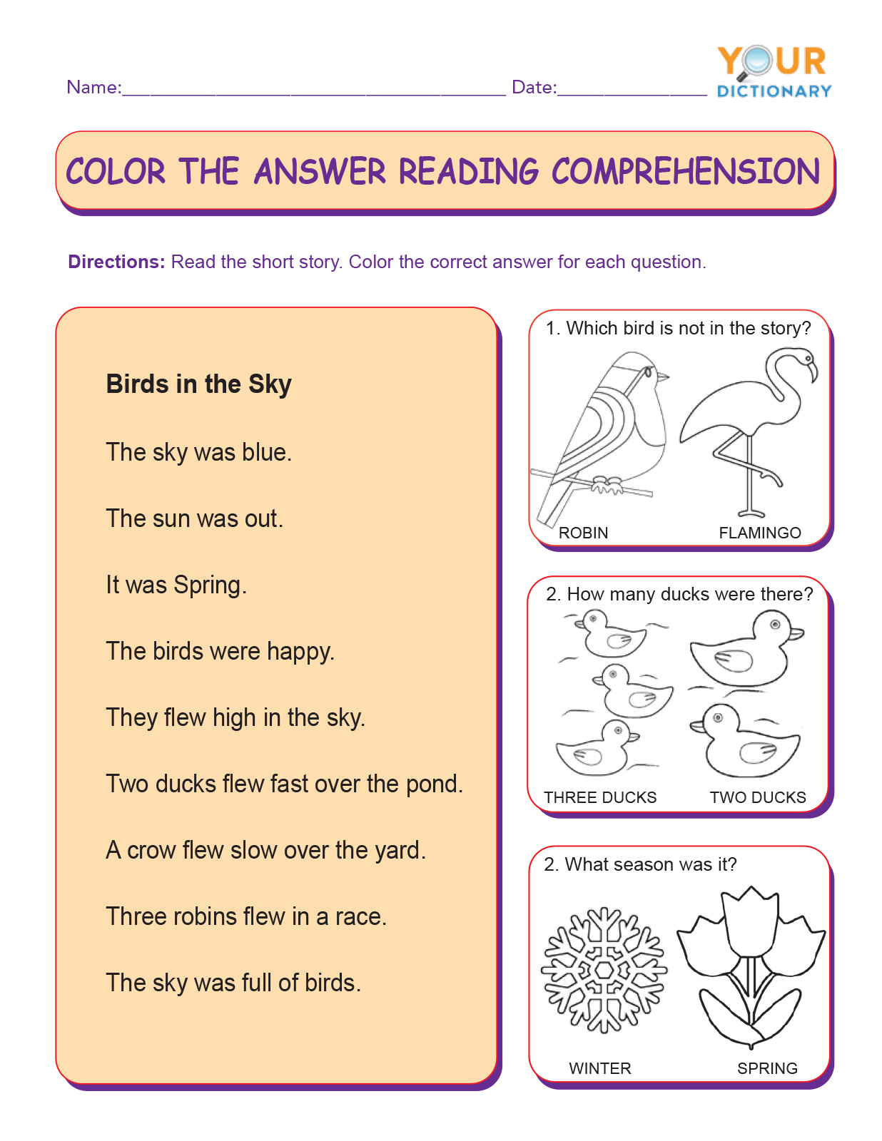 color the answer reading comprehension