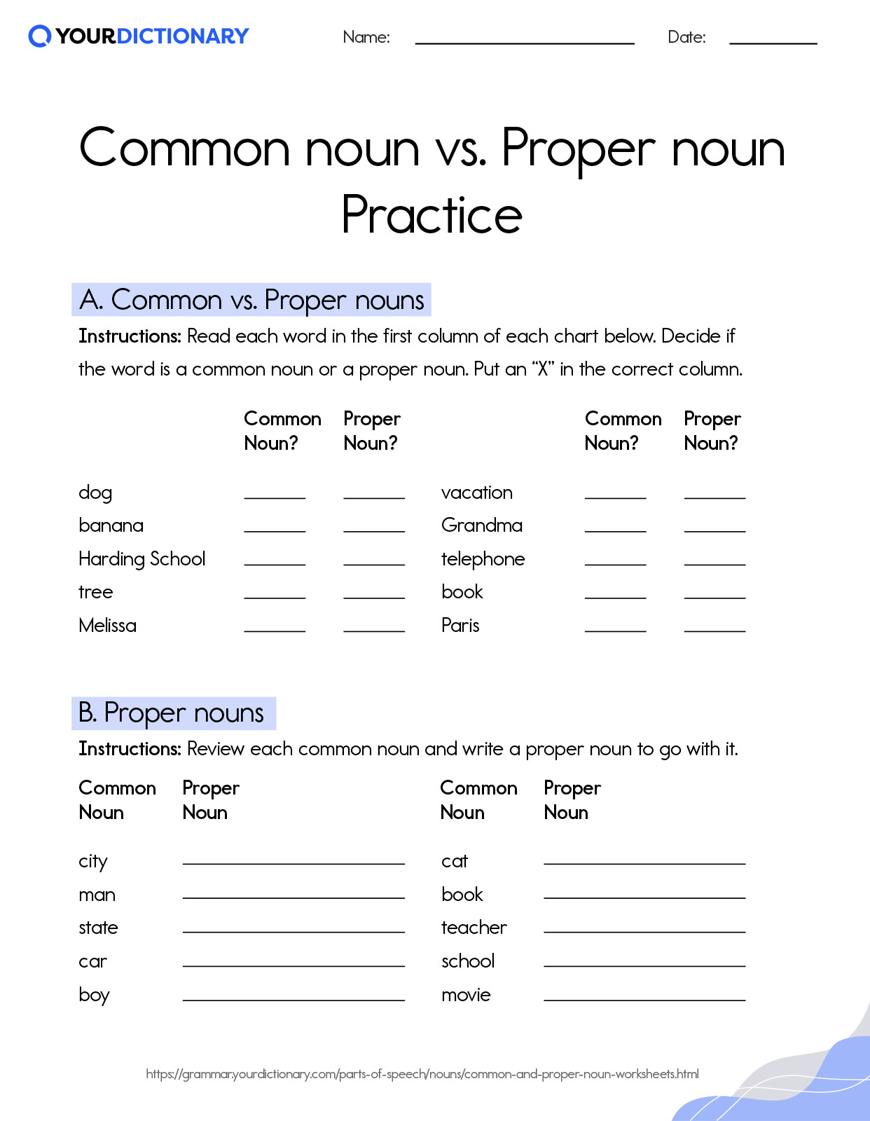 Common and proper noun Worksheet