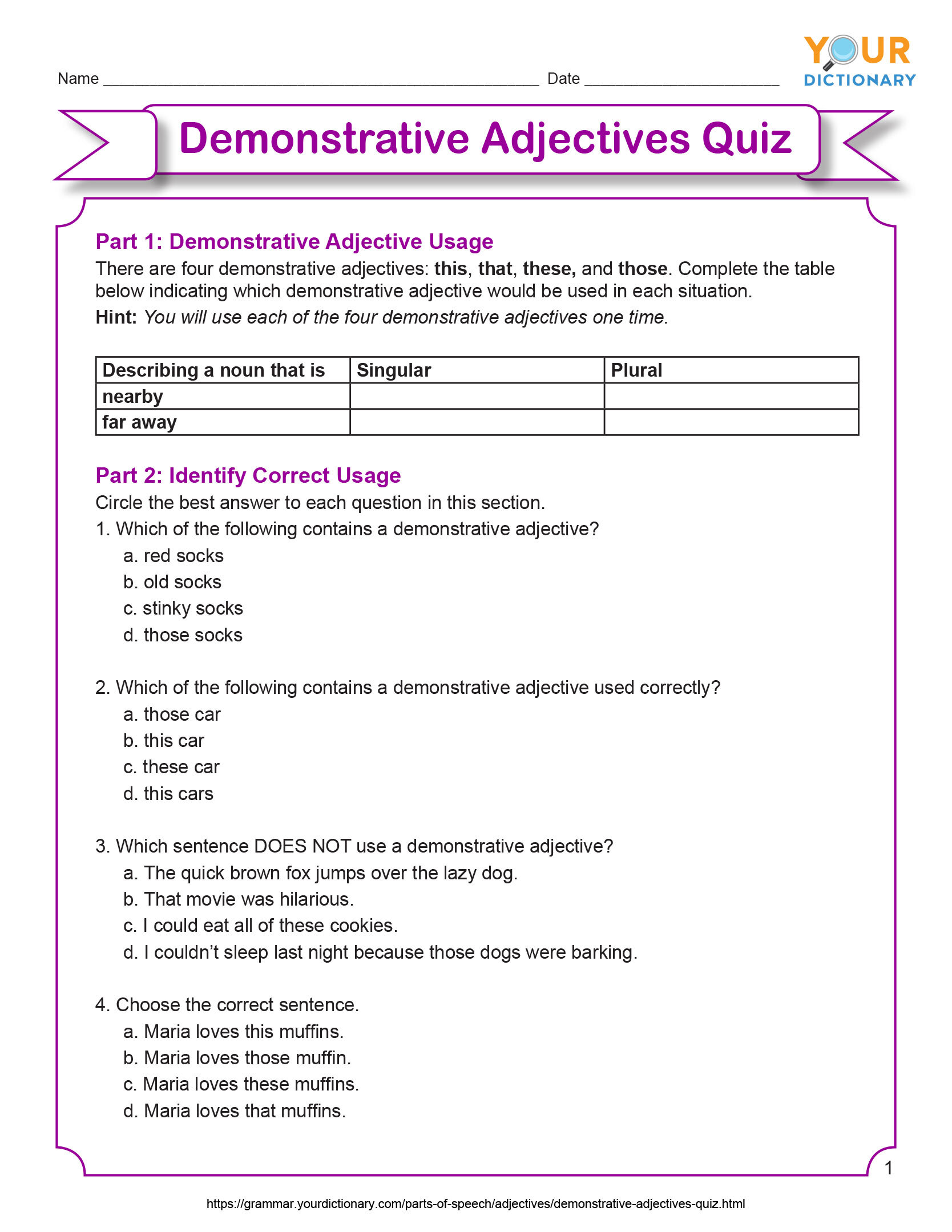 demonstrative adjectives quiz worksheet