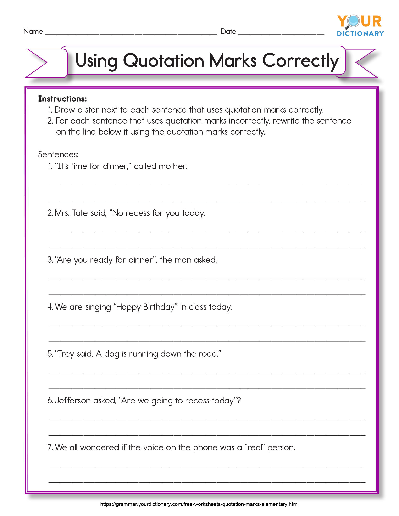 Free Printable Quotation Mark Worksheets