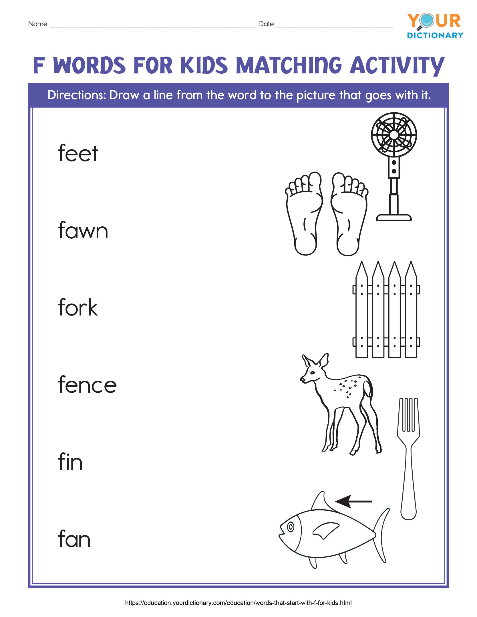 f words for kids matching activity